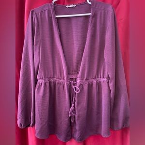 Purple tie crochet trim front tie kimono